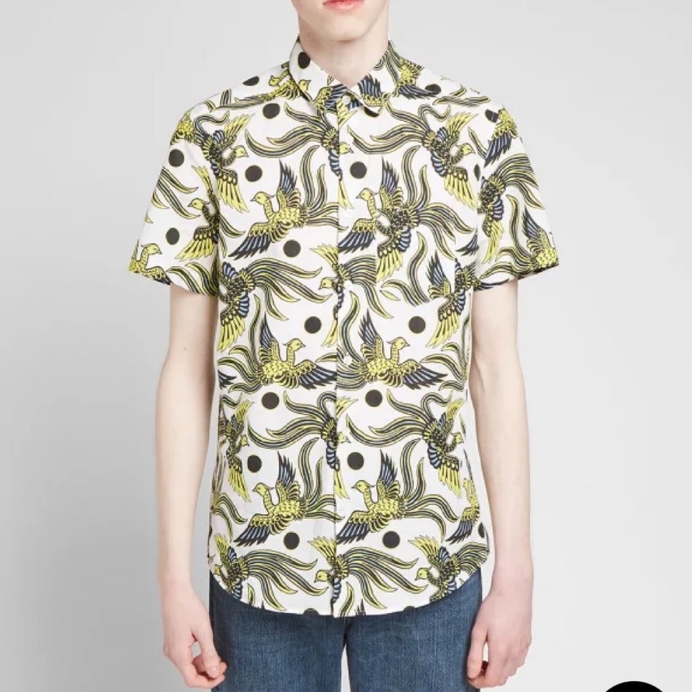 Kenzo Paris Button Down Shirt Flying Phoenix Bird Linen Cotton 39 15 1/4